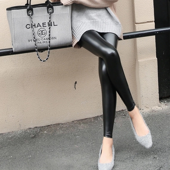 摩登女孩直筒裤,摩登松紧腰皮裤