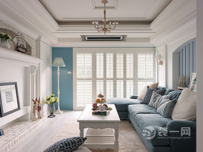 清新海洋风绍兴金色丽都小区123平三居室地中海风格装修案例