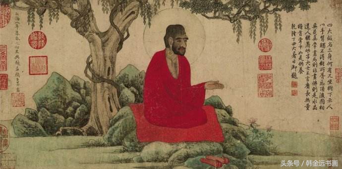 赵孟頫山水画高清彩色复原图片,范扬青绿罗汉作品欣赏