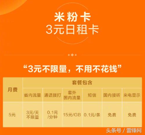 米粉卡3元日租不限量套餐,米粉卡月租5元联通