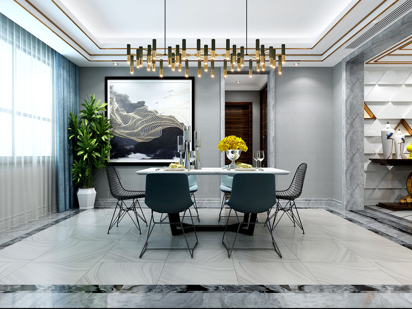 大面积卧室装修北欧轻奢效果图,北欧轻奢简约线条椭圆餐桌桌布