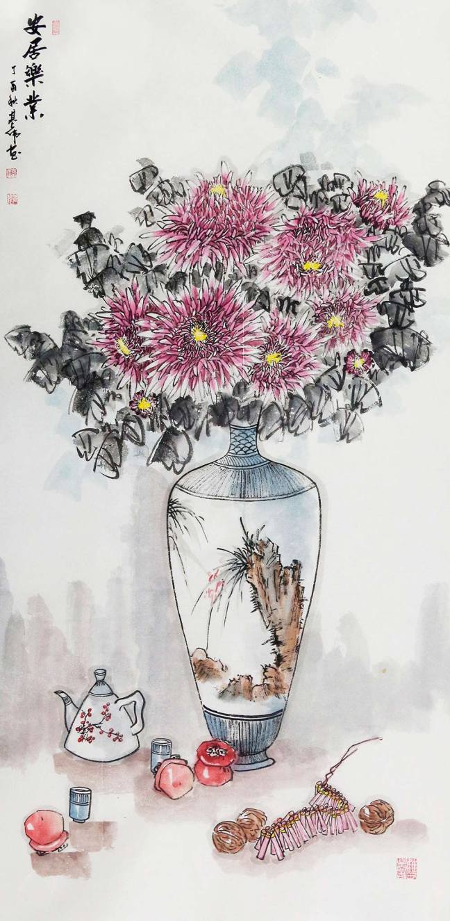 朴喆国画菊花作品欣赏,菊花罐子写意国画欣赏