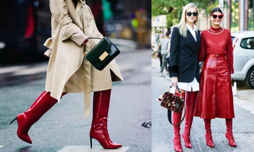 红色靴子鞋怎么搭配衣服女,红色高跟短靴怎么搭配衣服