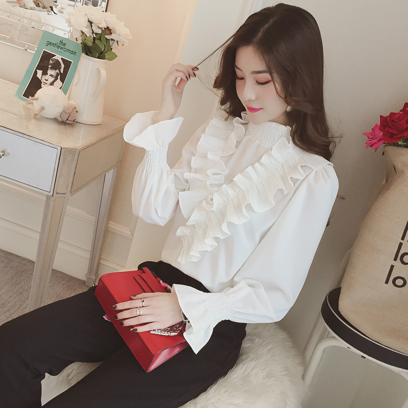 荷叶边雪纺衬衫女士气质遮肉,秋季新款喇叭袖洋气衬衫