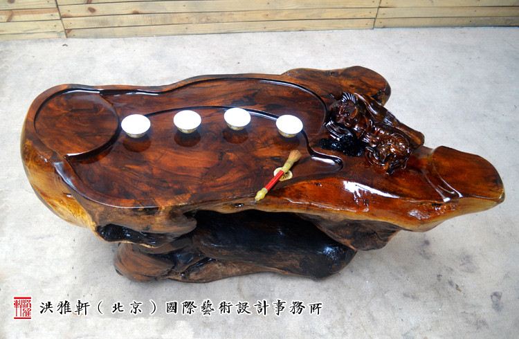 鸡翅木根雕茶台翻新完工,实木树根雕茶几