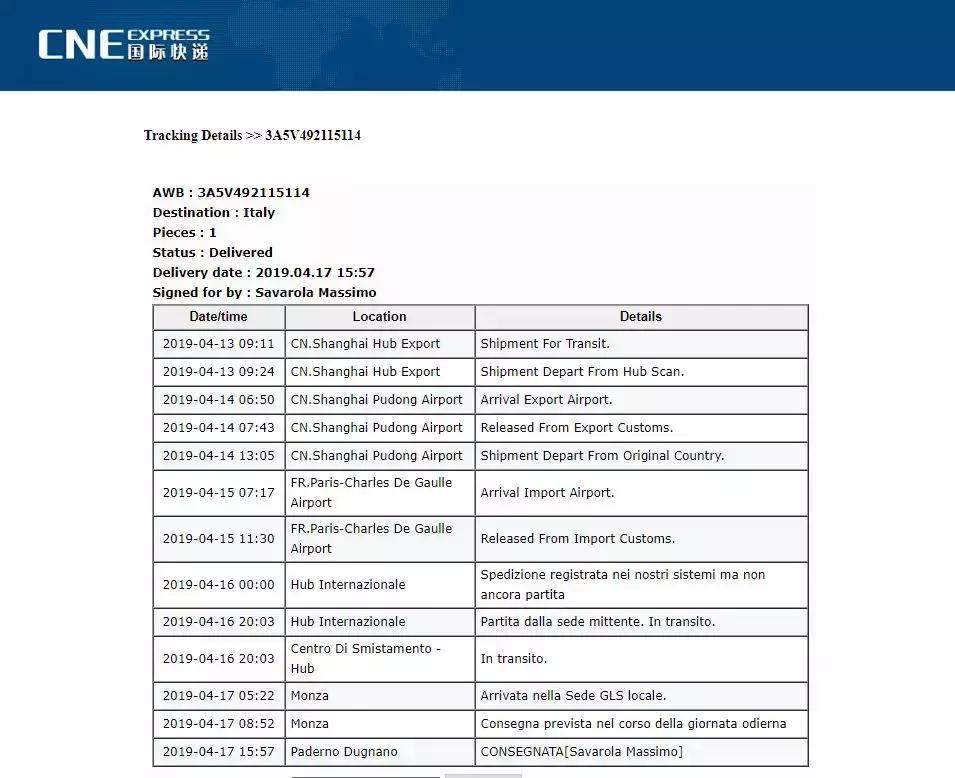 意大利跨境物流四天就签收?CNE:安排了!