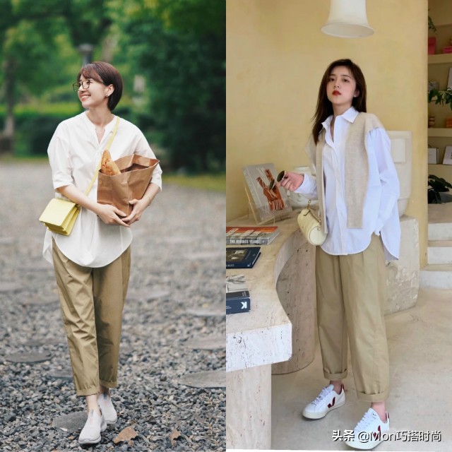 白衬衫卡其裤搭配女,穿搭女夏季搭配高级感九分牛仔裤