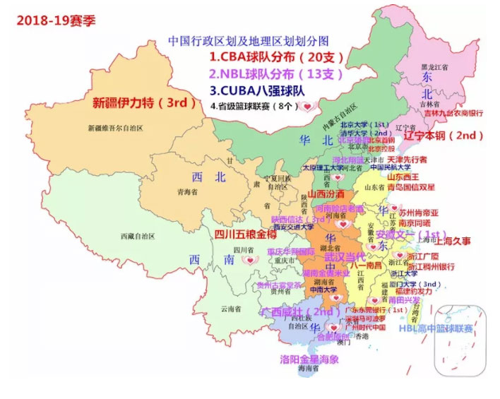 中国各地区的篮球俱乐部,中国篮球俱乐部分布