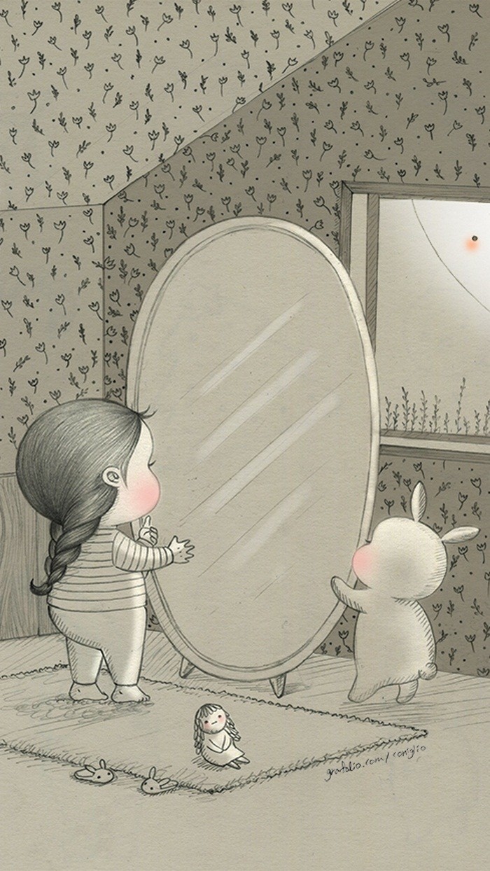 少女与兔子插画,兔子手绘创意插画