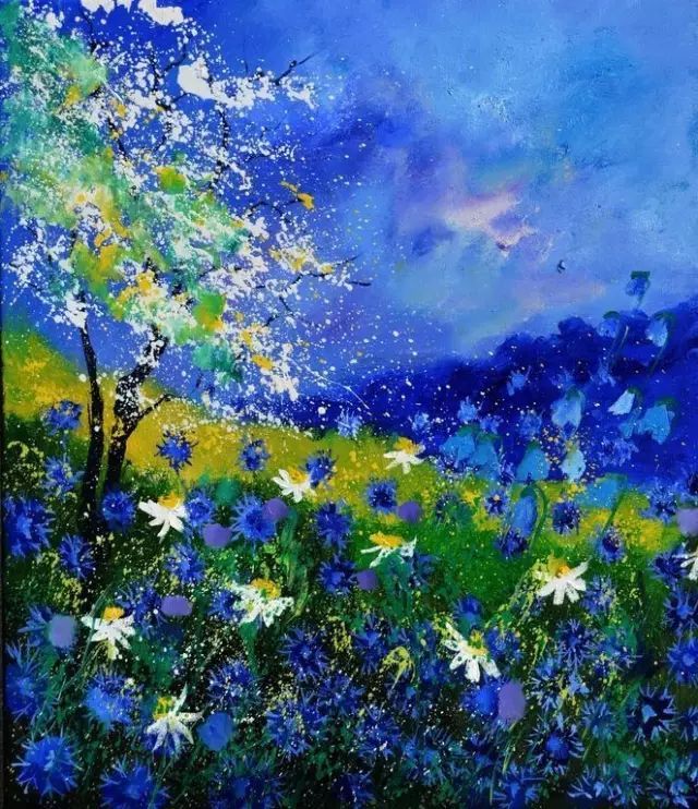 诗意油彩让人沉醉的蓝色矢车菊