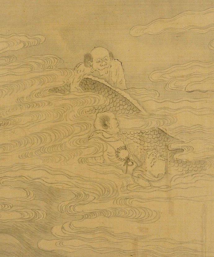 清代仿李公麟的白描长卷十八罗汉图，虽是仿作但还有些原作的风貌