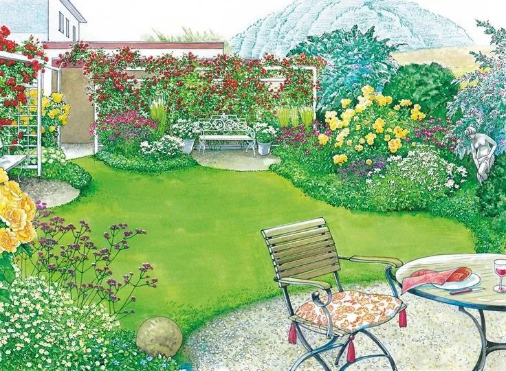 手绘清新小花园,日式庭院迷你小花园手绘