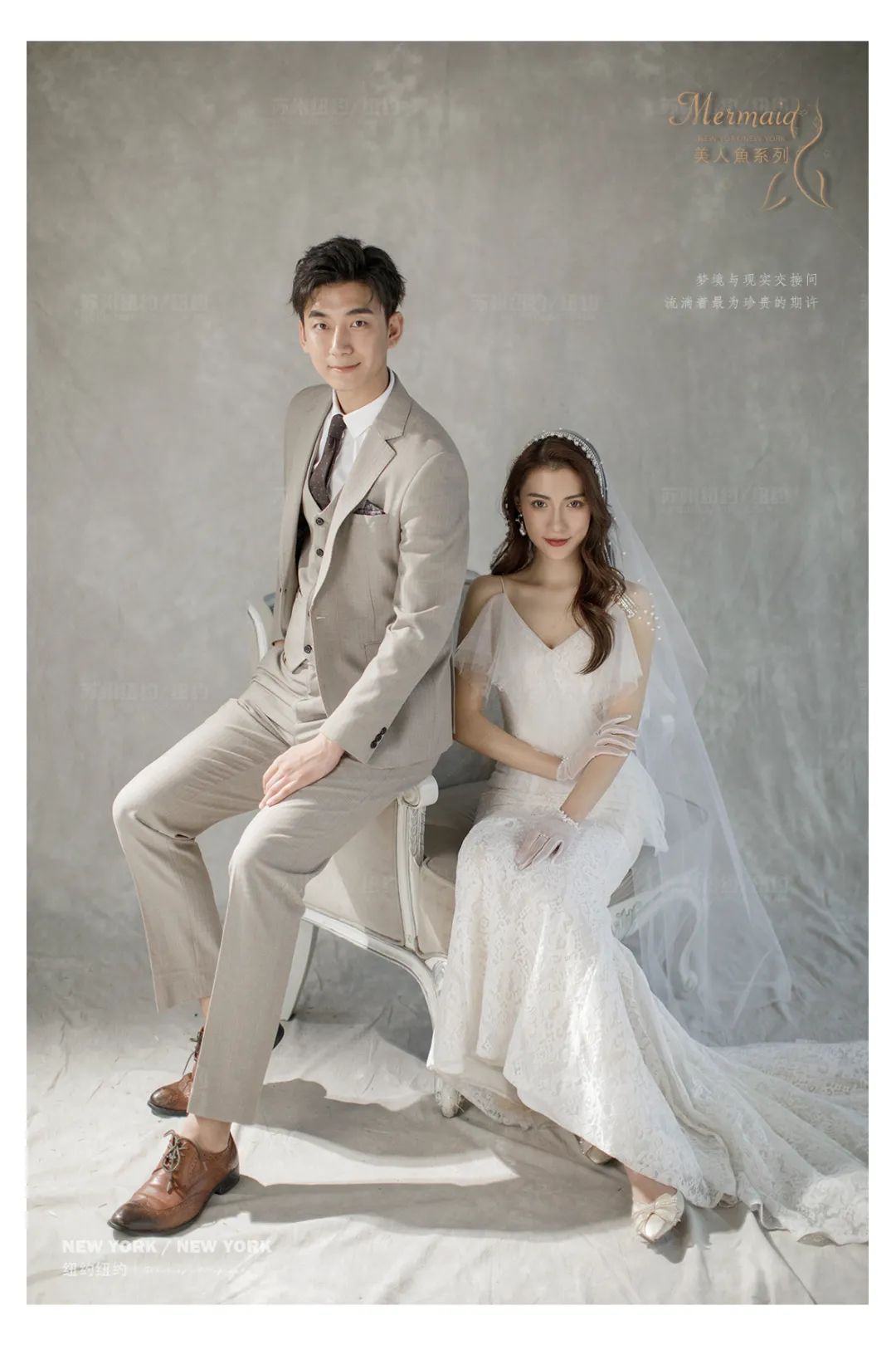 白色蝴蝶结油画婚纱照,森系油画风格婚纱照不戴帽子戴花