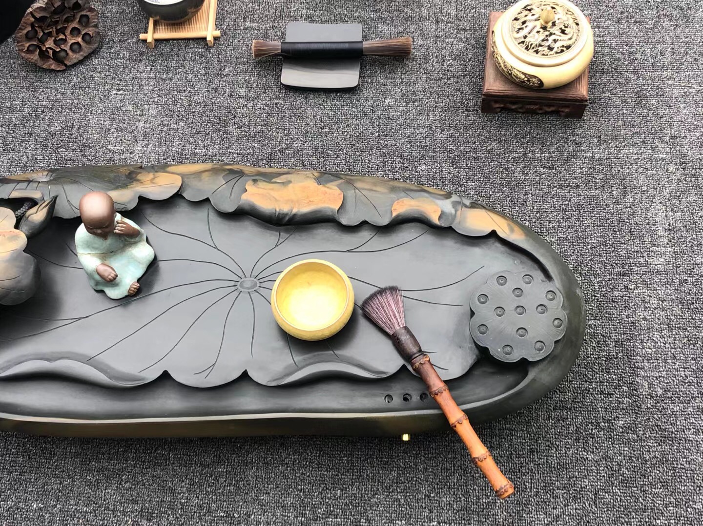 石头连体雕刻茶盘,工艺石头拼接摆件