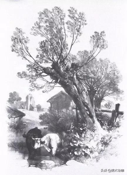 素描风景临摹高清大图简单范本,有山有水有倒影的素描风景图