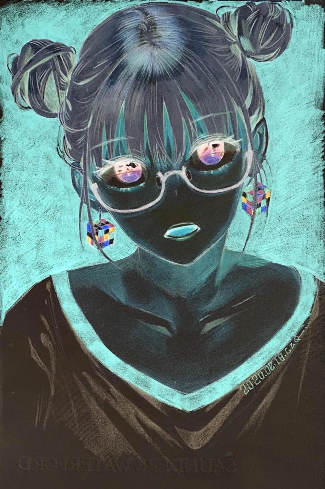 用彩铅画的简单肖像漫画,传统美术绘画图