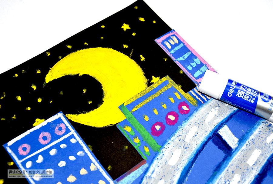 美丽的城市油画棒儿童画,儿童怎么画夜空油画棒