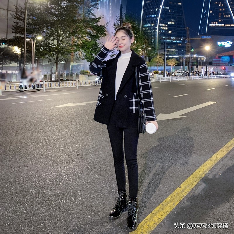 时尚西装领格子外套女秋冬新款韩版宽松小个子呢子大衣