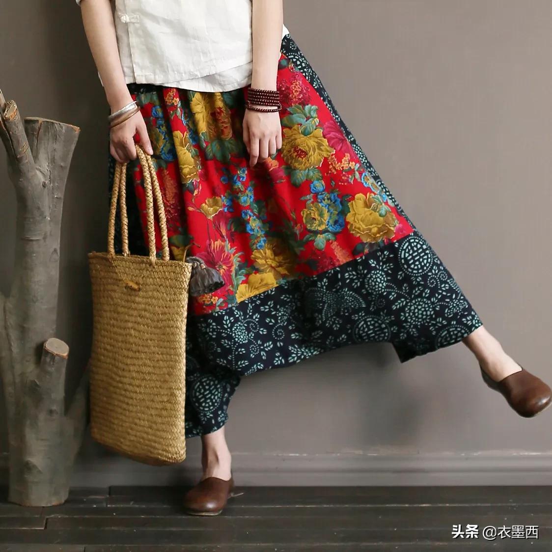 复古拼接不规则格子高腰裙裤,时尚超垂感大摆裙裤