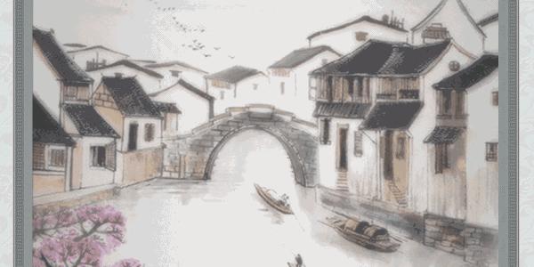 微波荡漾，依依流水蜿蜒，半树桃花朱红淡褪