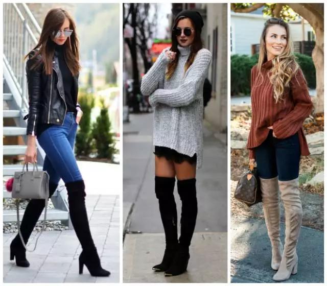 烟灰色牛仔裤怎么搭过膝靴,小香风皮毛外套搭配牛仔裤过膝靴