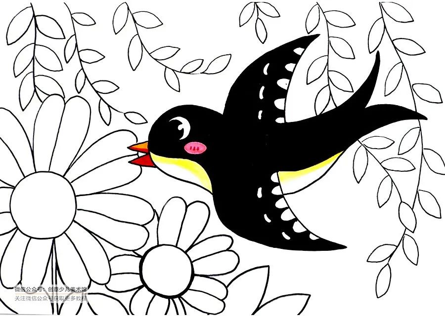 创意儿童画花丛中飞舞的蝴蝶,花丛中飞来一只燕子儿童画