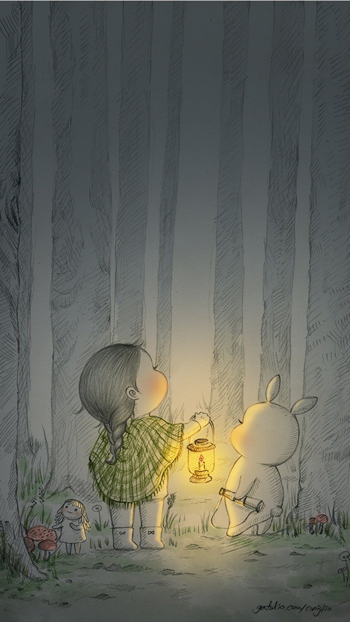 少女与兔子插画,兔子手绘创意插画