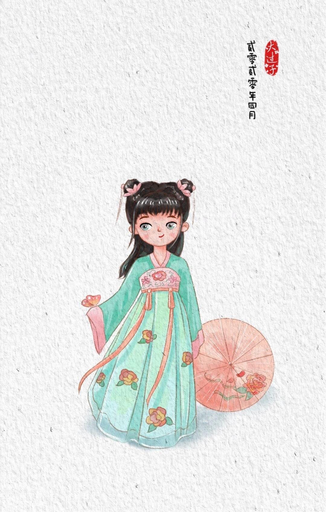 q版汉服插画教程,古风汉服美人插画q版