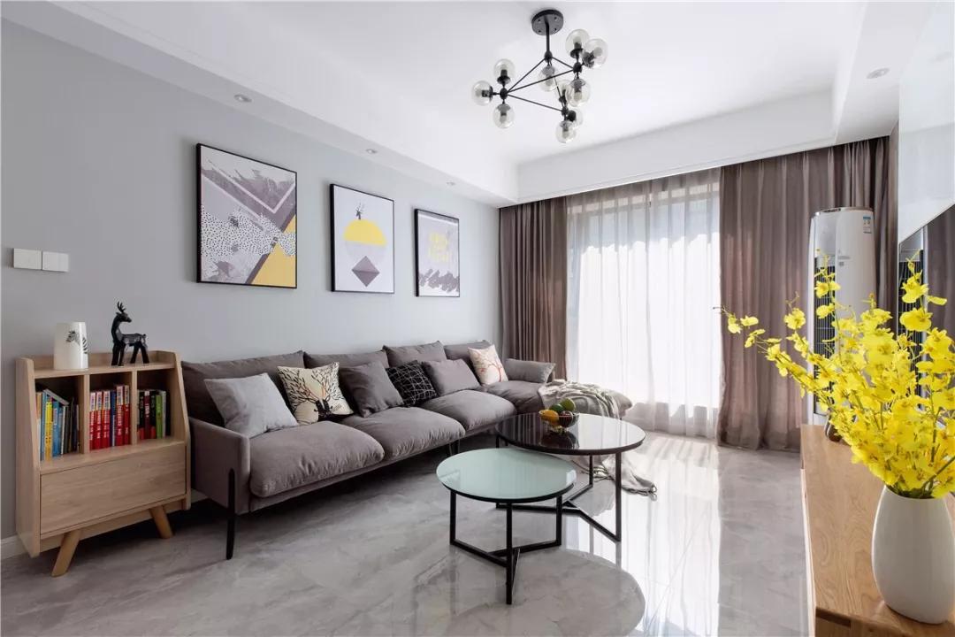 客厅地砖简约铺贴图,客厅维纳斯灰地砖效果图