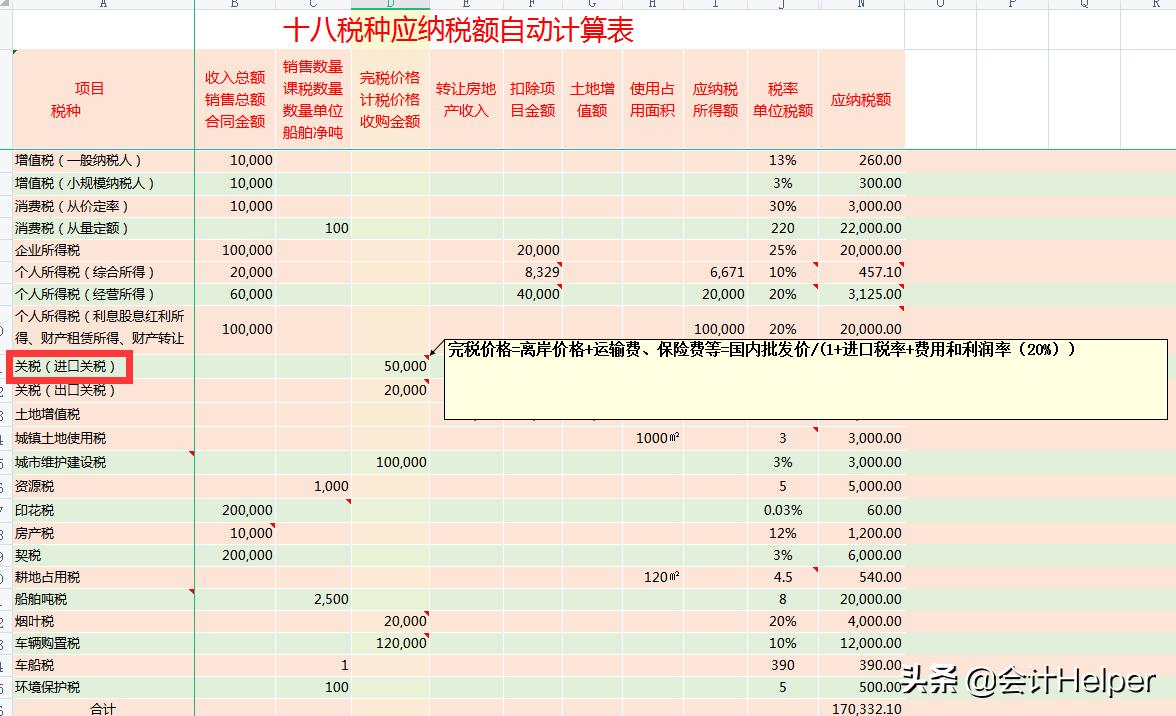 个税计算器2021计算例题,18种税种计算公式大全表