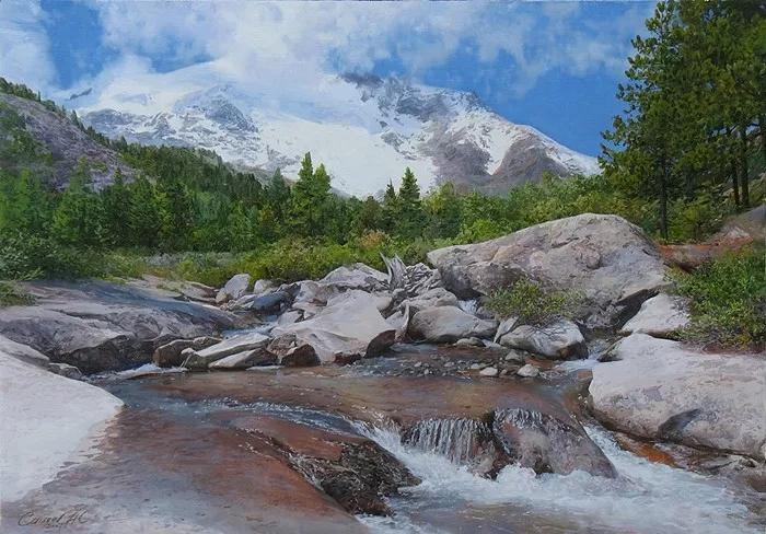 俄罗斯艺术家AydemirSaidov的人体绘画,花间的美丽少女