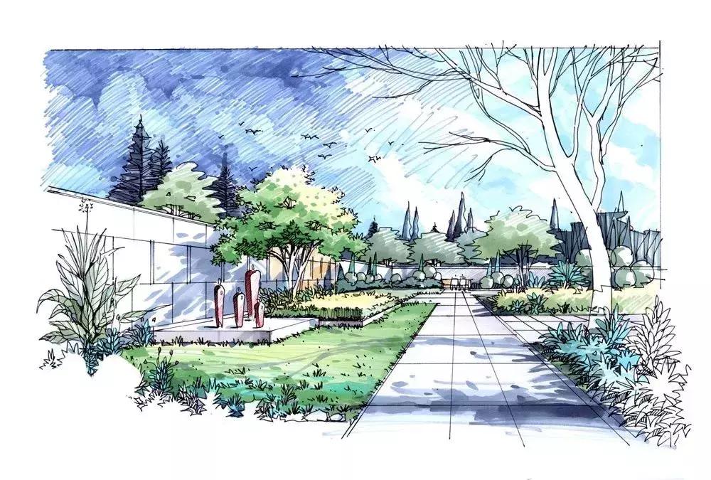 手绘效果图设计详解,干货五幅景观手绘效果图步骤图解