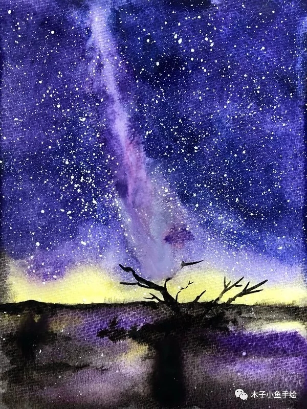 紫色粉色星空画画教程,水彩画紫色星空