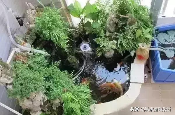 阳台角落鱼池假山流水景观制作,庭院假山鱼池景观设计效果图