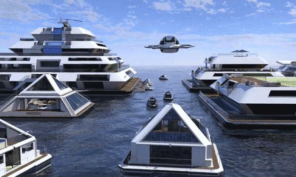他在海上，建了一栋水上“金字塔”，里面有豪宅，还有飞碟