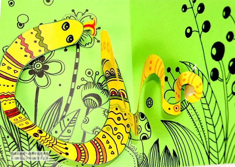 小朋友画线描画小花蛇,儿童画创意蛇