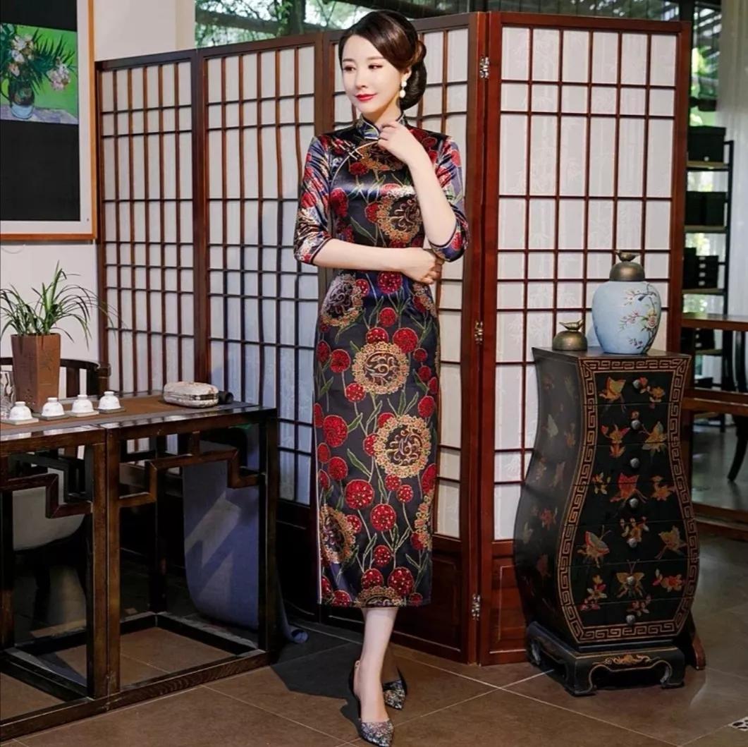 金丝绒旗袍打理,高档金丝绒旗袍长款长袖