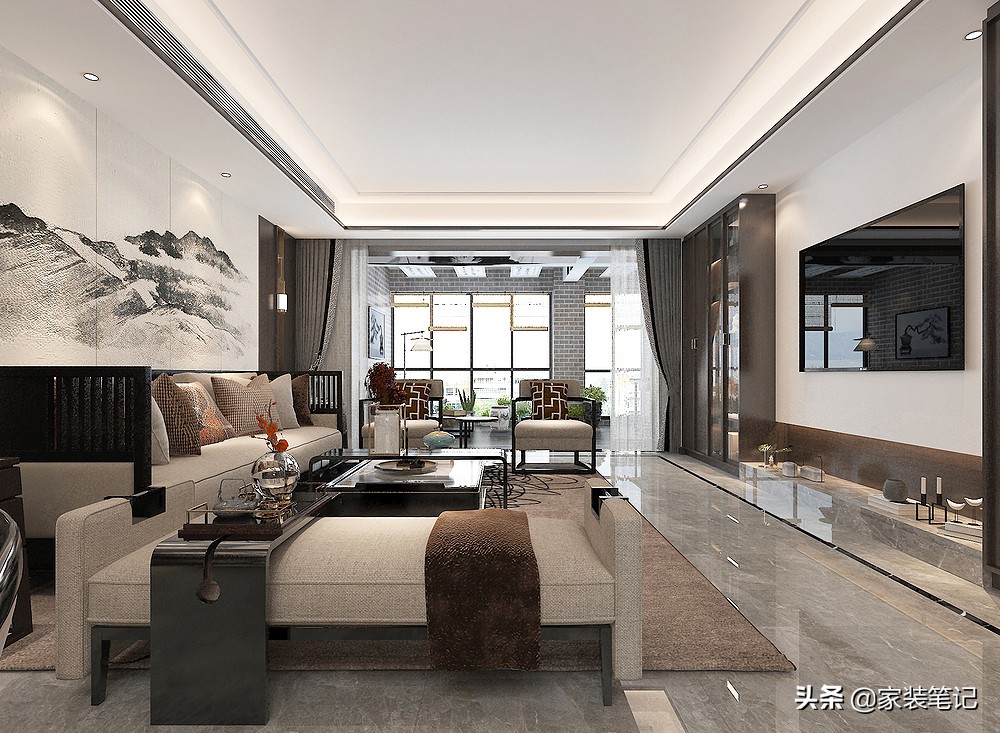 中式古典客厅阳台一体效果图,阳台装修设计中式设计