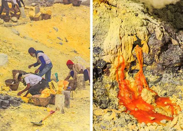 在印尼采硫磺视频,印尼活火山采集硫磺