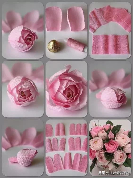 皱纹纸花朵手工艺术,纸艺玫瑰花的制作方法皱纹纸