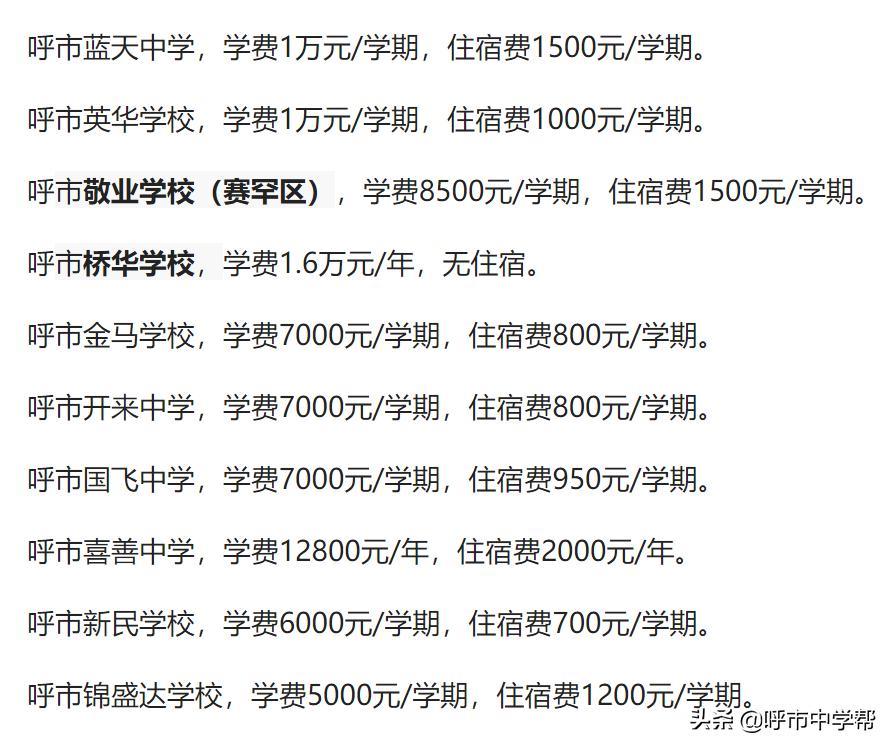 呼市初中学费一览表,呼市高中学费价格表