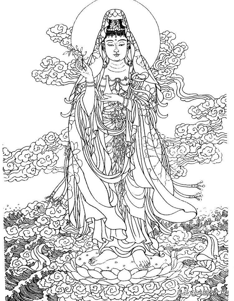 简单观音菩萨白描图片大全,工笔观世音菩萨基础画法步骤详解