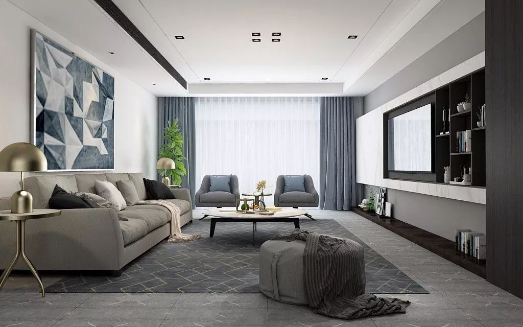 客厅大面积地砖深灰色铺贴效果图,客厅地砖简约铺贴图