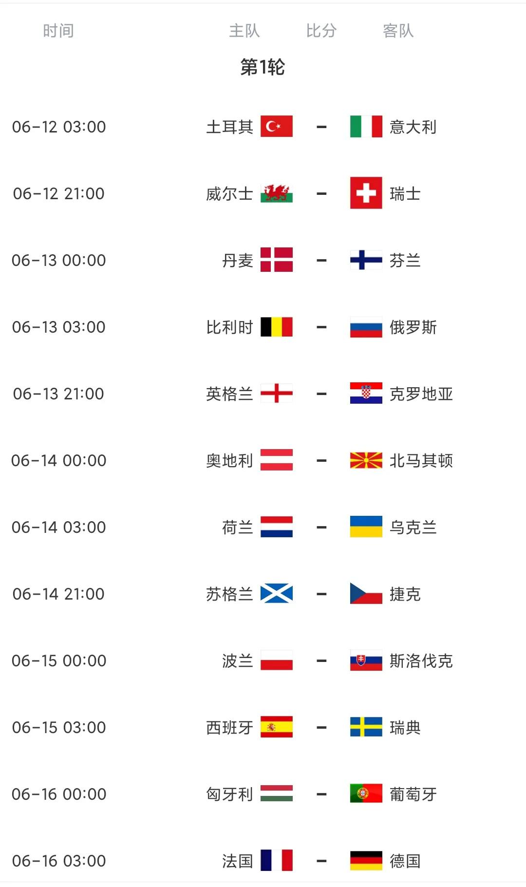 欧洲杯今夜开幕土耳其战意大利直播预告分组首轮完全赛程