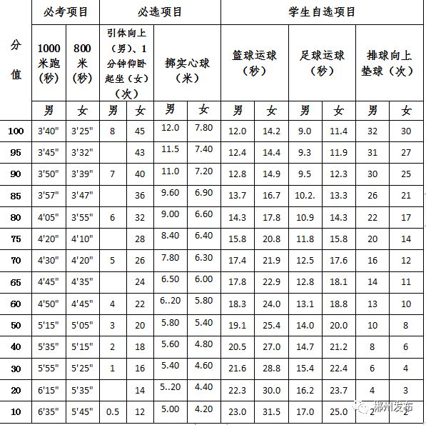 郴州市初中体育水平考试政策,郴州市体育中考项目及评分标准
