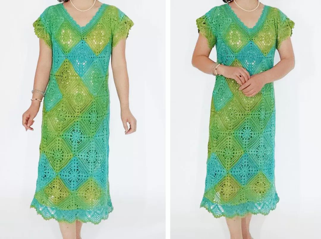 一线连钩成人连衣裙教程,拼花钩衣一线连