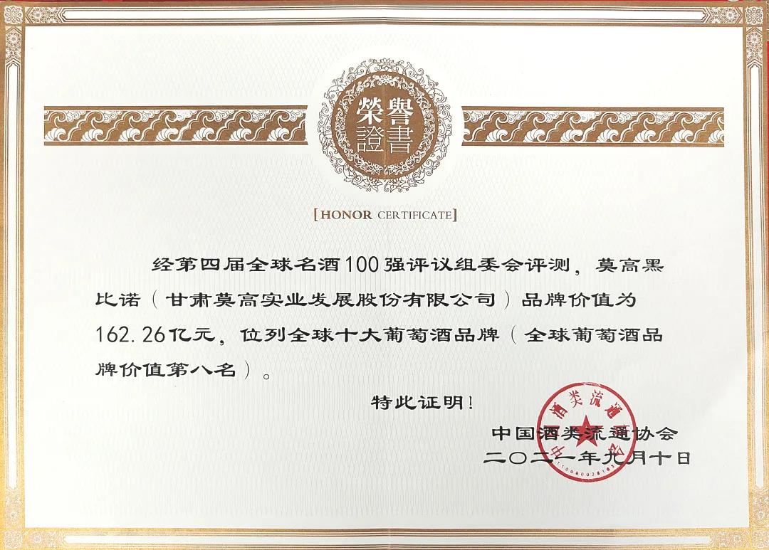 莫高葡萄酒品牌价值207.06亿元蝉联全国三甲｜莫高黑比诺品牌价值162.26亿元蝉联“全球十大葡萄酒品牌”