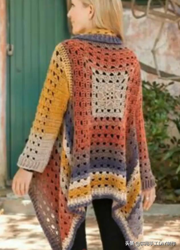 祖母方格编织长款外套教程,针织作品70款简约