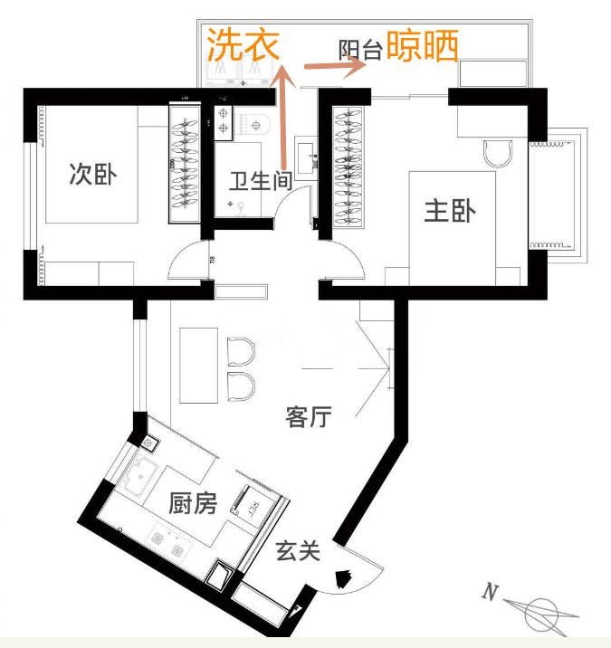 卫生间外边隔开做晾衣区,厕所连通阳台做洗衣区