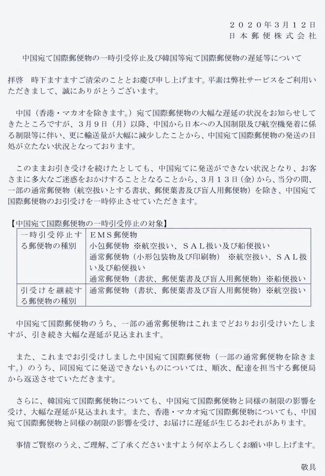 日本邮政停发中国,日本邮政停一年吗